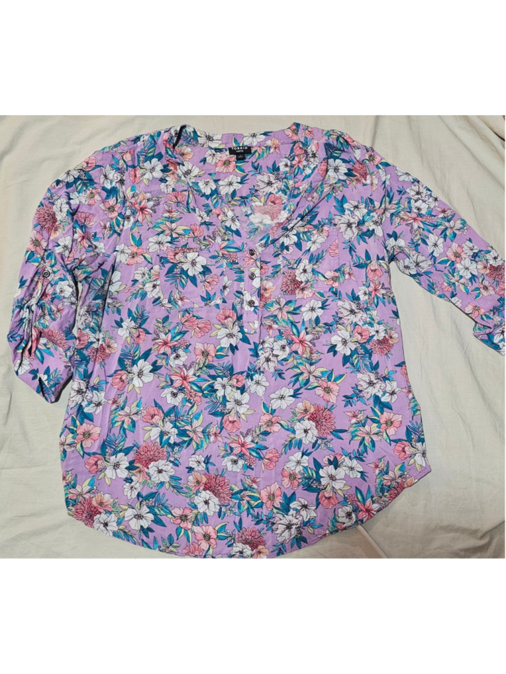 Women's Torrid Floral Blouse Plus Size 1 Purple White Long Sleeve Button Front